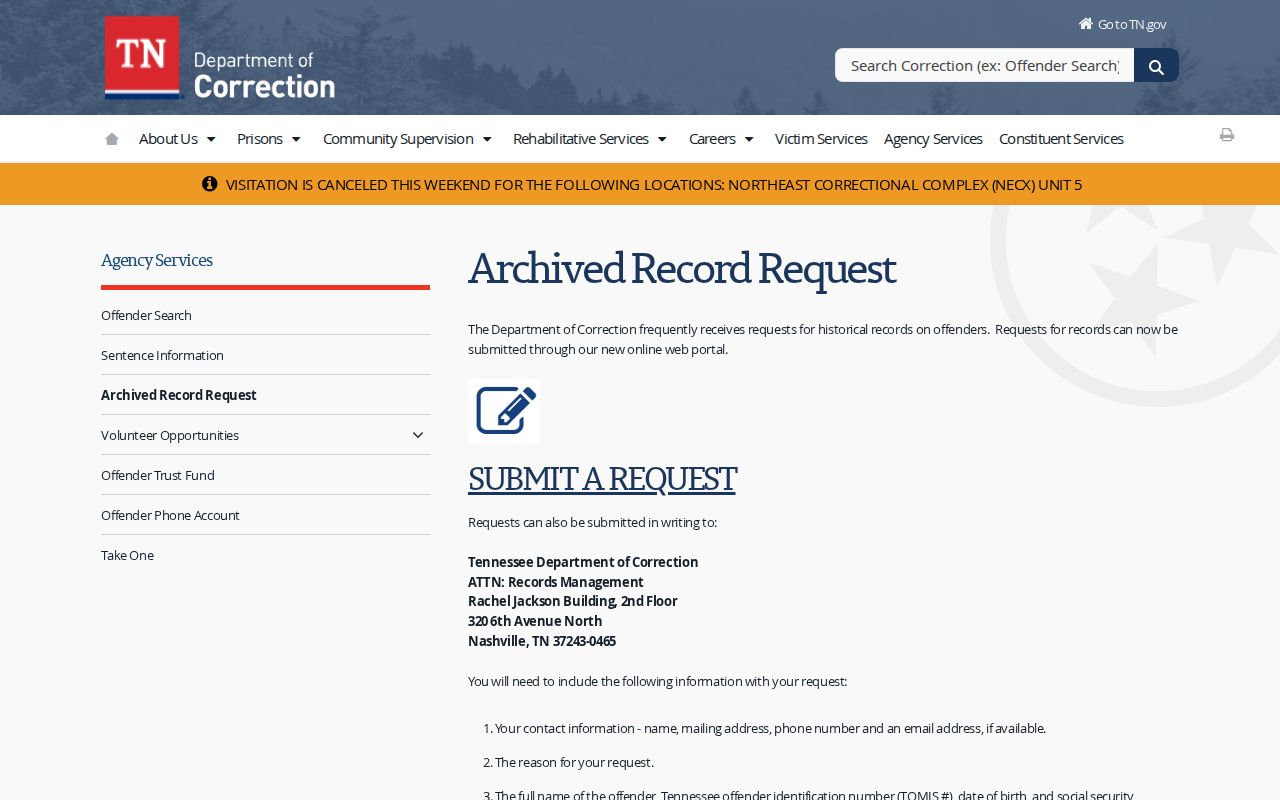 TDOC archived records request for Lawrence County arrest history