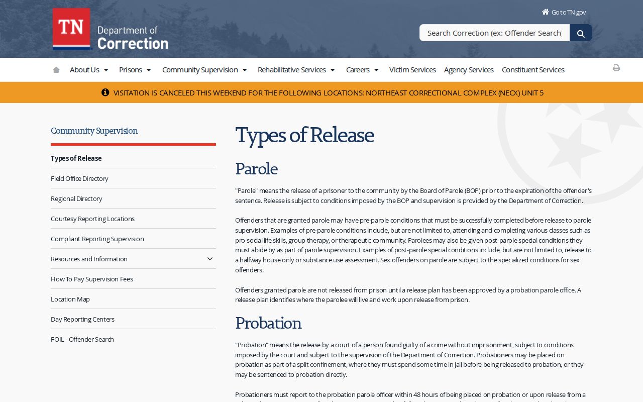 Lawrence County criminal records Tennessee supervision release types