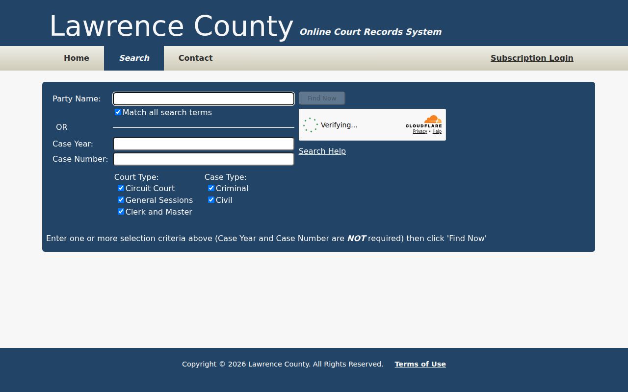 Lawrence County criminal case record search fields