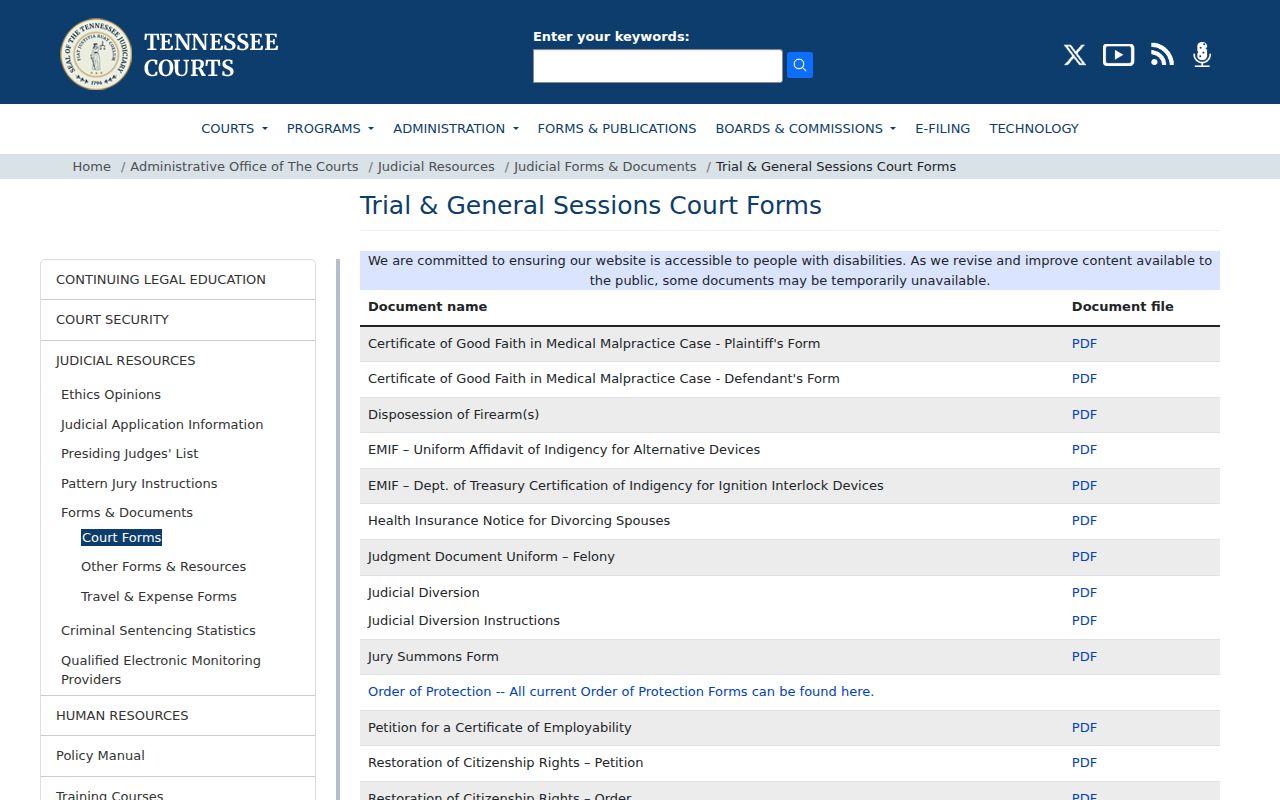 Tennessee court forms related to Lawrence County sex offender records